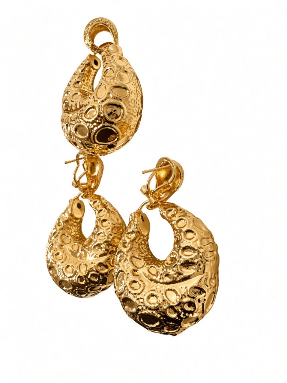Gold Textured Organic Hoop Earrings + Matching Pendant | Statement Jewelry Set - Picture 2 of 5